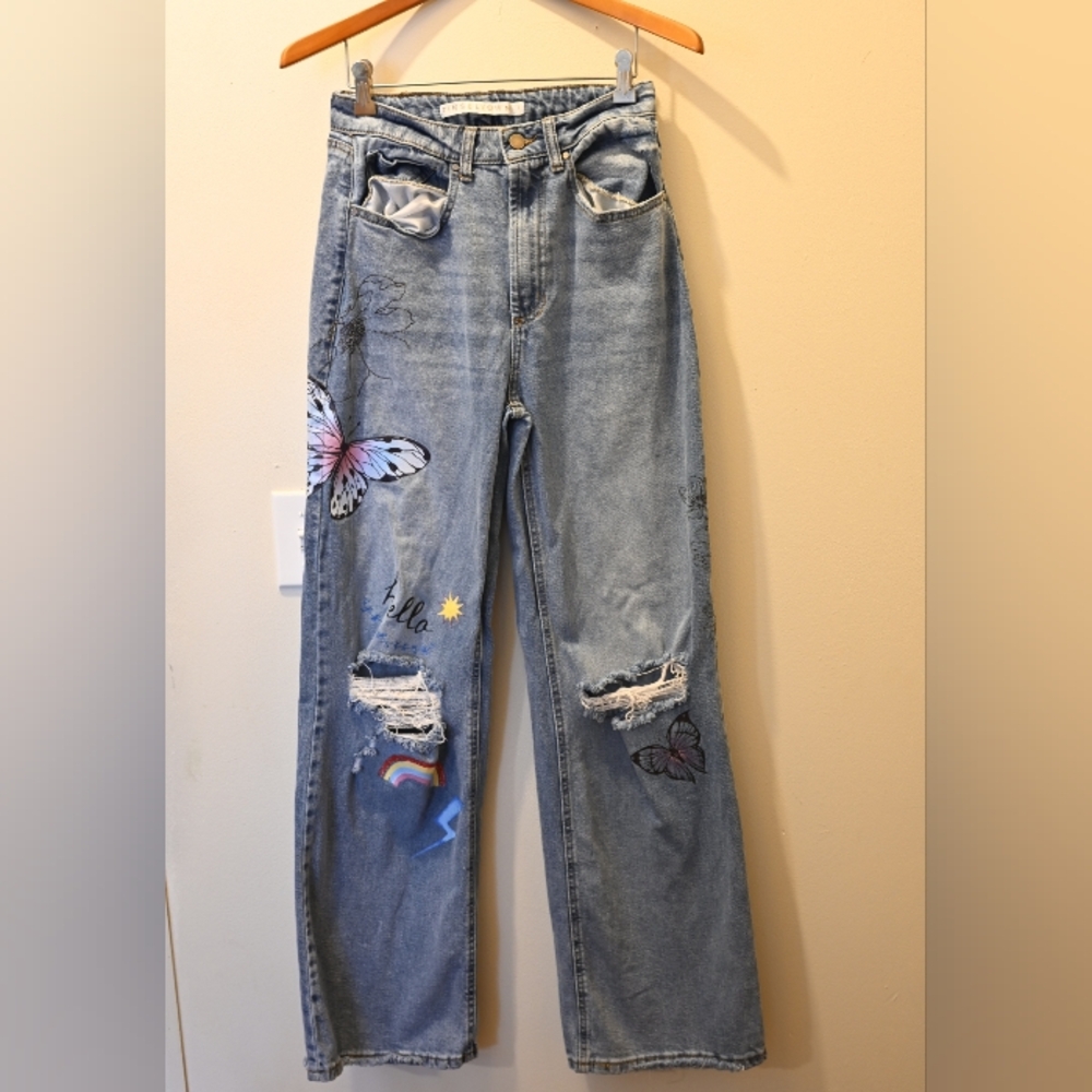 Flared Distressed Cotton Blend Blue Jeans Butterfly Rainbow Patches Size 7